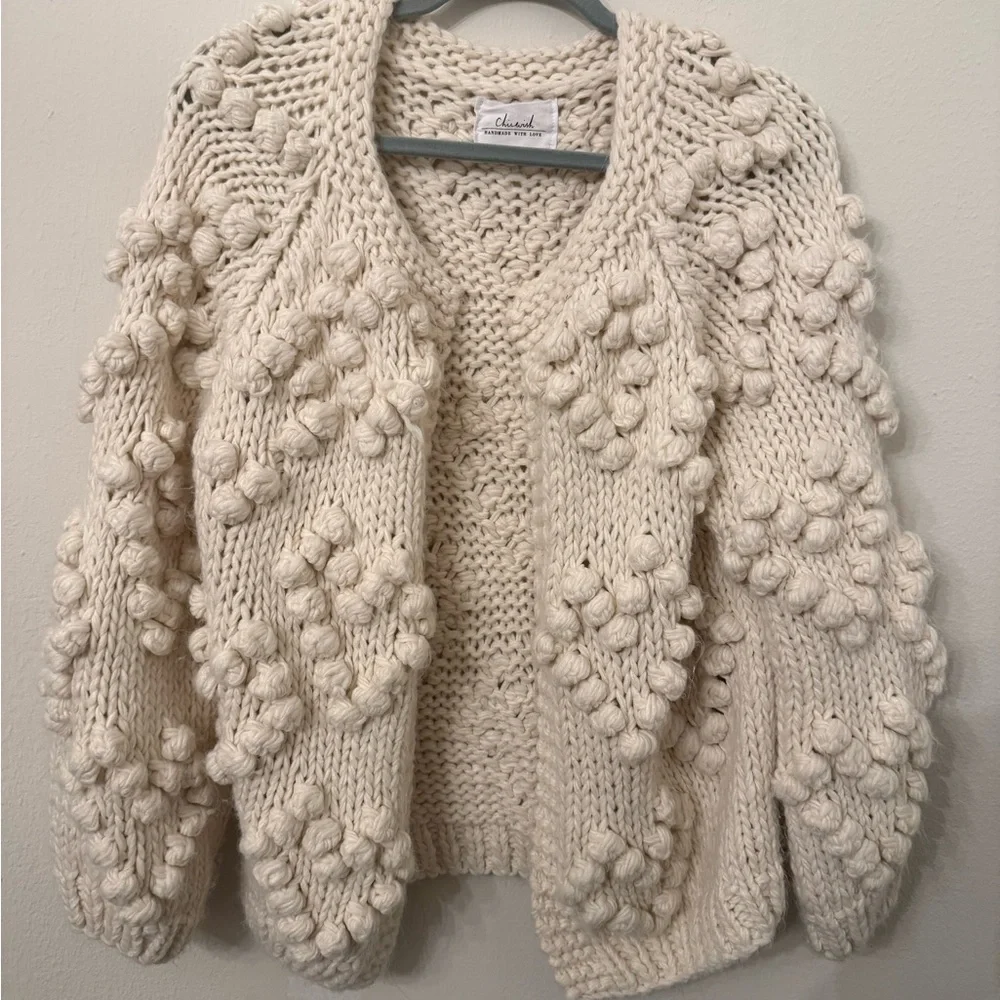 Chicwish Ivory Chunky Pom-Pom Knit Cardigan - Picture 2 of 5